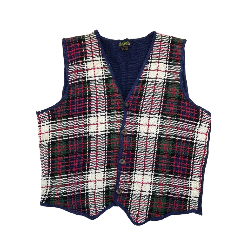 Vtg Classic Tartan Button V Neck Knit Vest Academia Grandpacore Old School Sz Lg